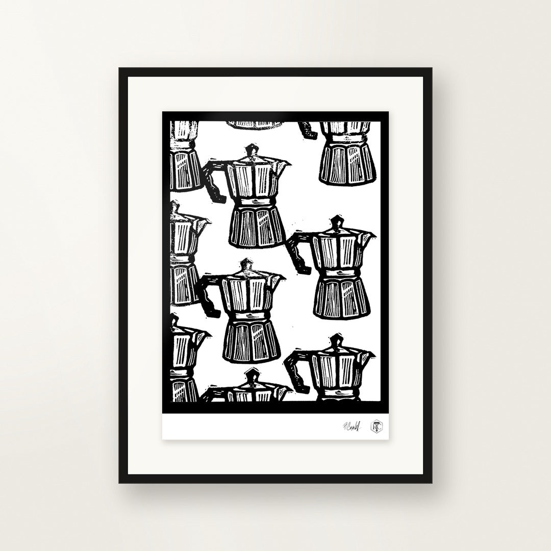 Moka — hand-printed linocut, framed on the wall