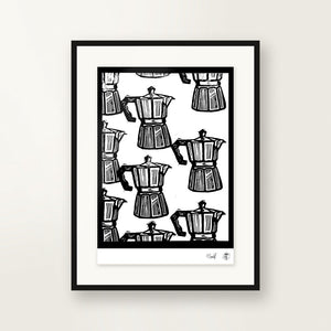 Moka — small-format linocut, hand-printed