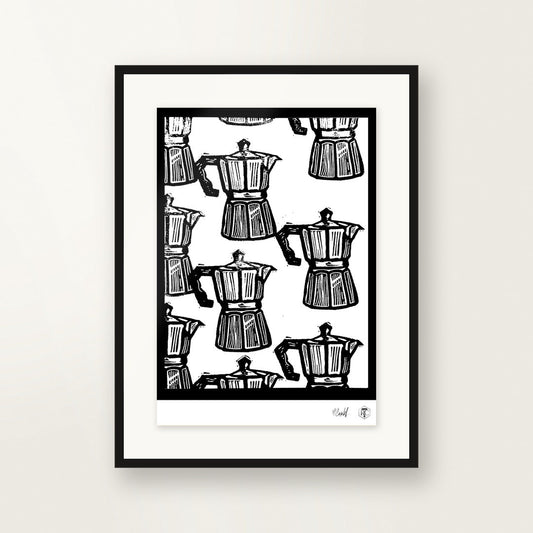 Moka — hand-printed linocut, framed on the wall