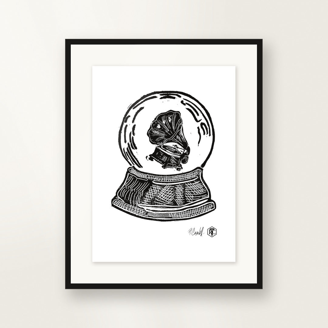 Snow Globe Gramophone — small format, framed
