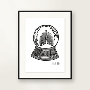 Snow Globe — Lungs — small-format linocut, hand-printed