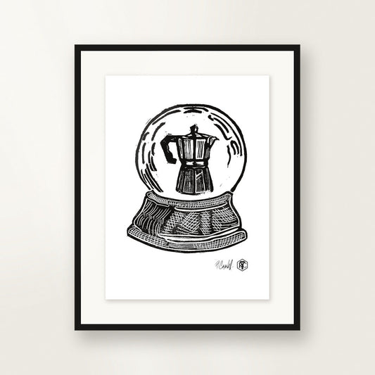 Snow Globe Moka Pot — small format, framed