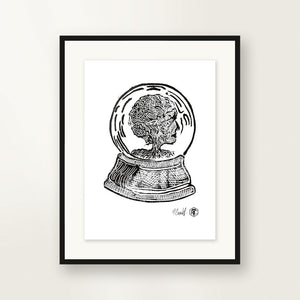 Snow Globe — Tree — small-format linocut, hand-printed