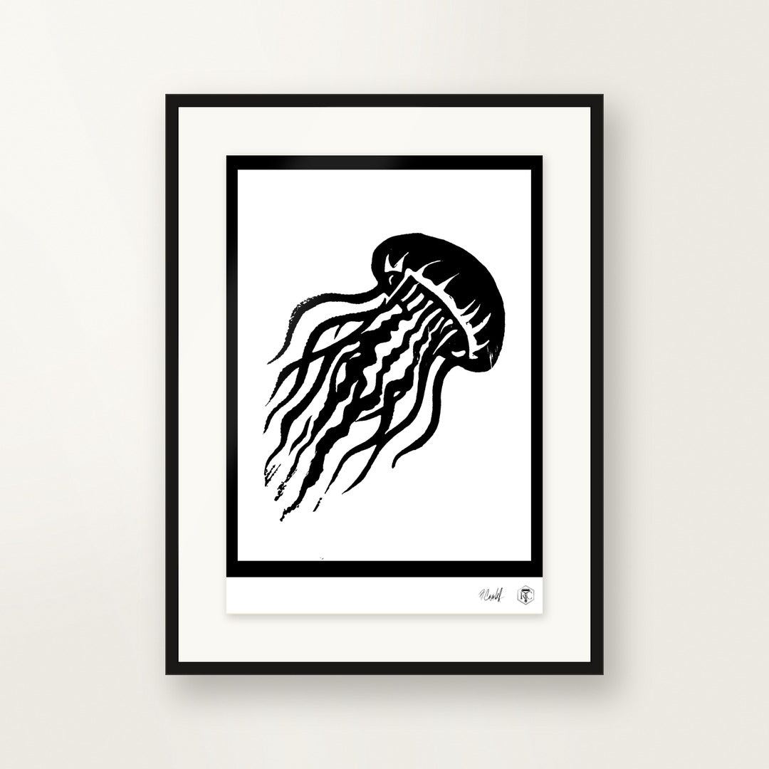 Jellyfish — hand-printed linocut, framed on the wall