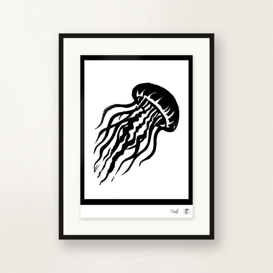 Jellyfish — hand-printed linocut, framed on the wall
