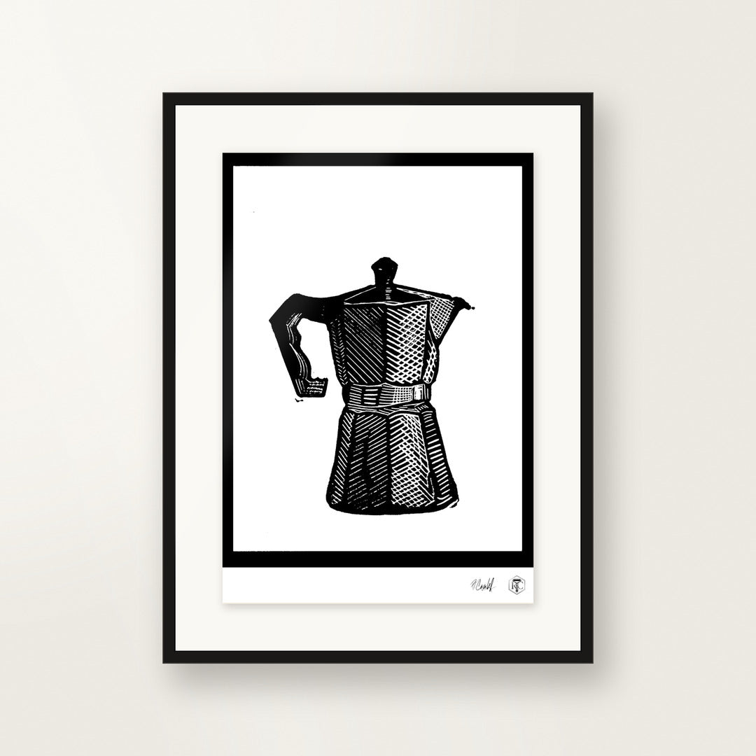 Moka Pot — hand-printed linocut, framed on the wall