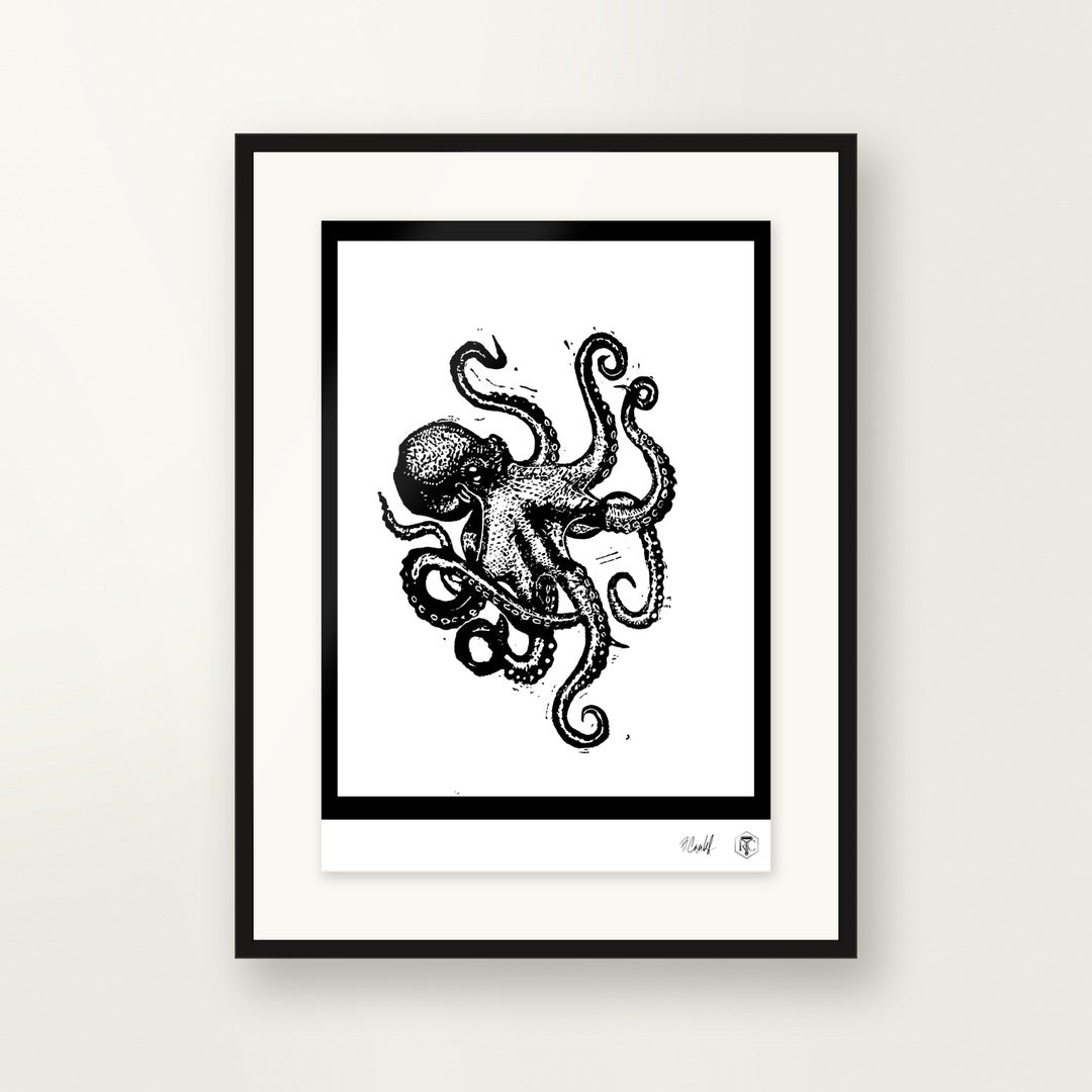Octopus — hand-printed linocut, framed on the wall