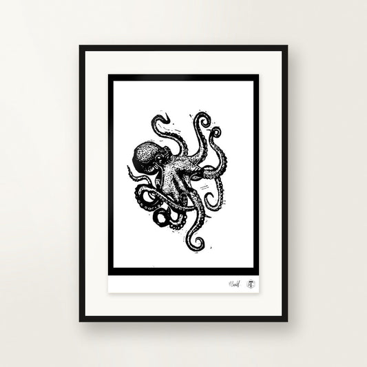 Octopus — hand-printed linocut, framed on the wall