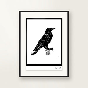 Raven — small-format linocut, hand-printed