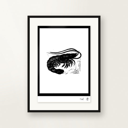 Shrimp — hand-printed linocut, framed on the wall