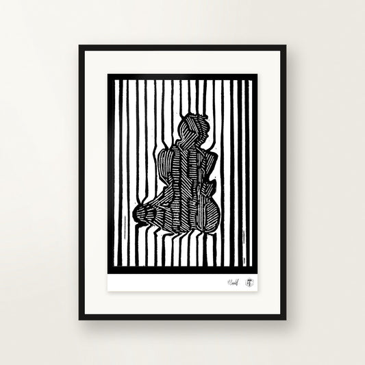 Stripes — hand-printed linocut, framed on the wall