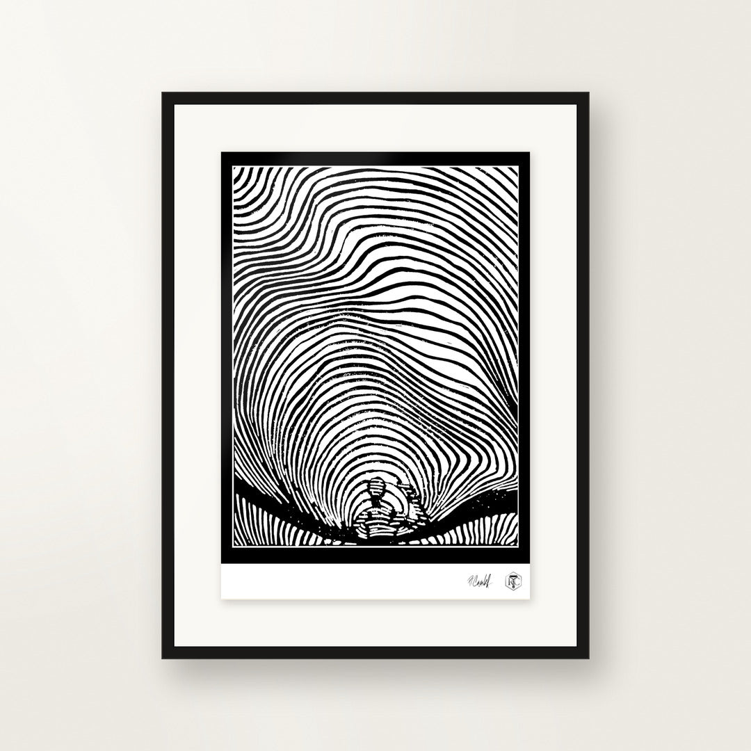 Waves — hand-printed linocut, framed on the wall