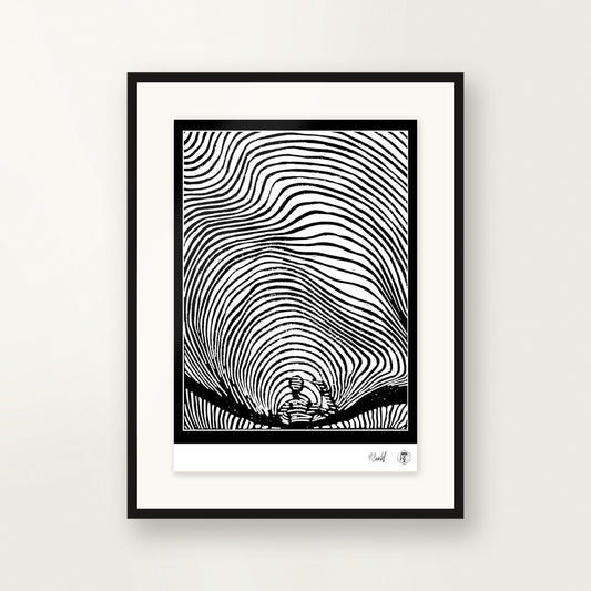 Waves — hand-printed linocut, framed on the wall
