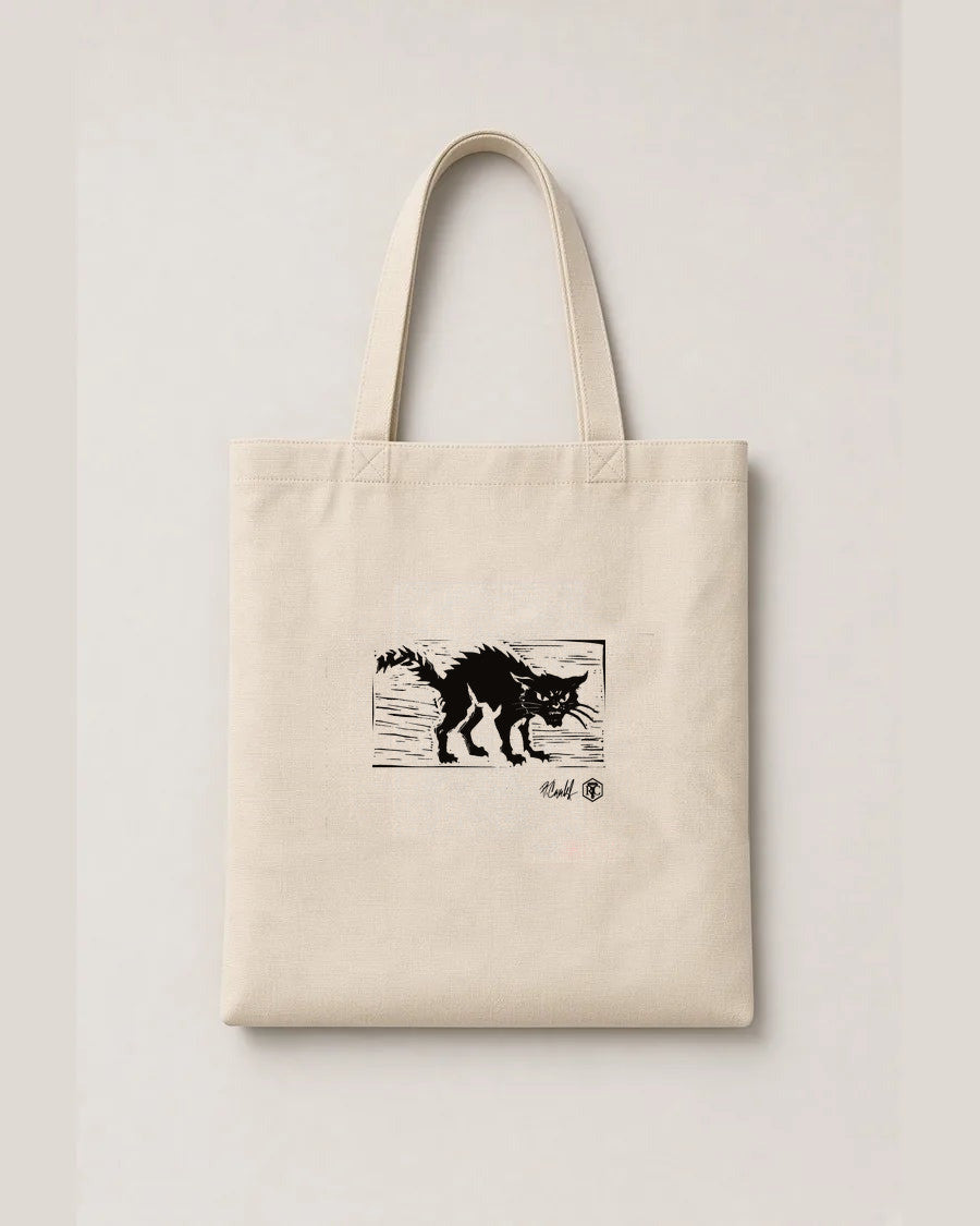 Cat — linocut on an organic cotton tote bag, natural colour