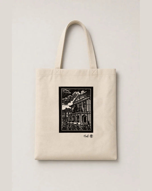 Casino Bern — linocut on an organic cotton tote bag, natural colour