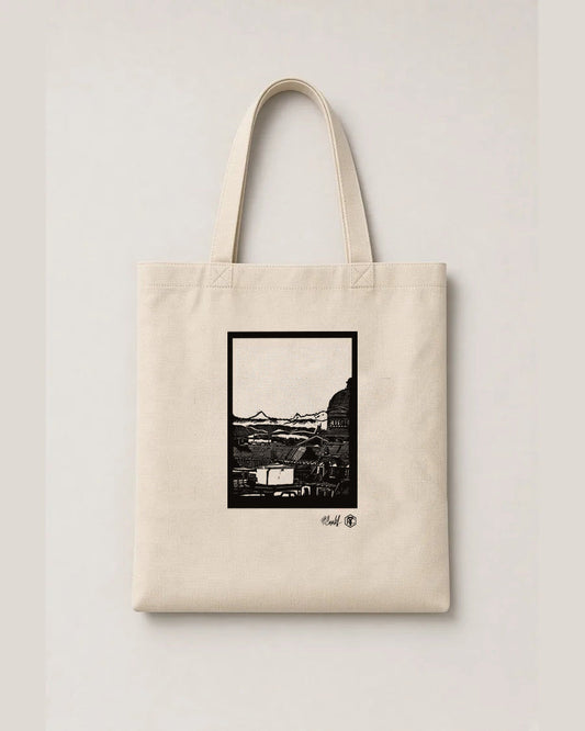 Above Bern — linocut on an organic cotton tote bag, natural colour