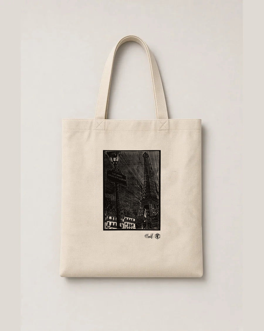 Esplanade, Paris — Linolschnitt auf Stofftasche aus Bio-Baumwolle, Naturfarbe
