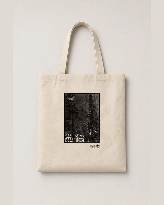 Esplanade, Paris — linocut on an organic cotton tote bag, natural colour
