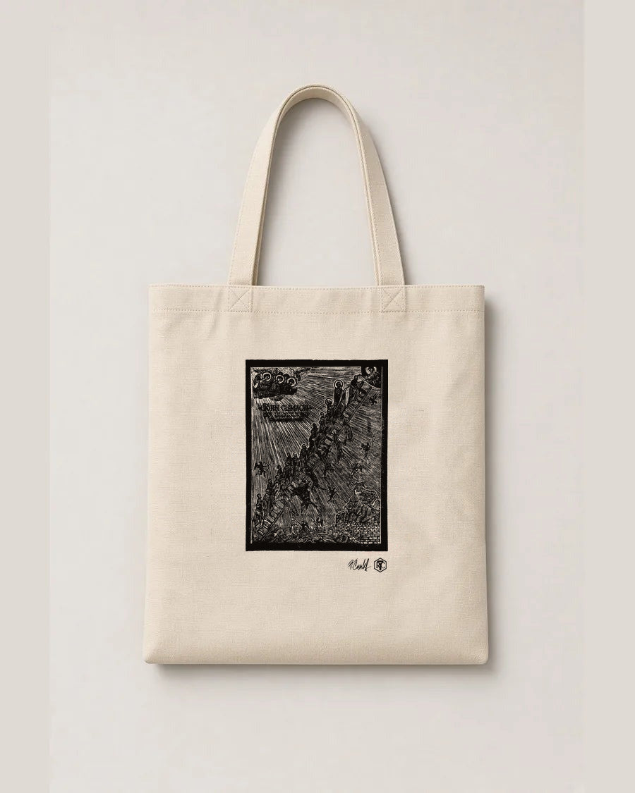 The Ladder — linocut on an organic cotton tote bag, natural colour