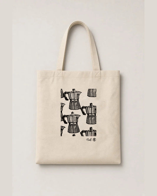 Moka — linocut on an organic cotton tote bag, natural colour
