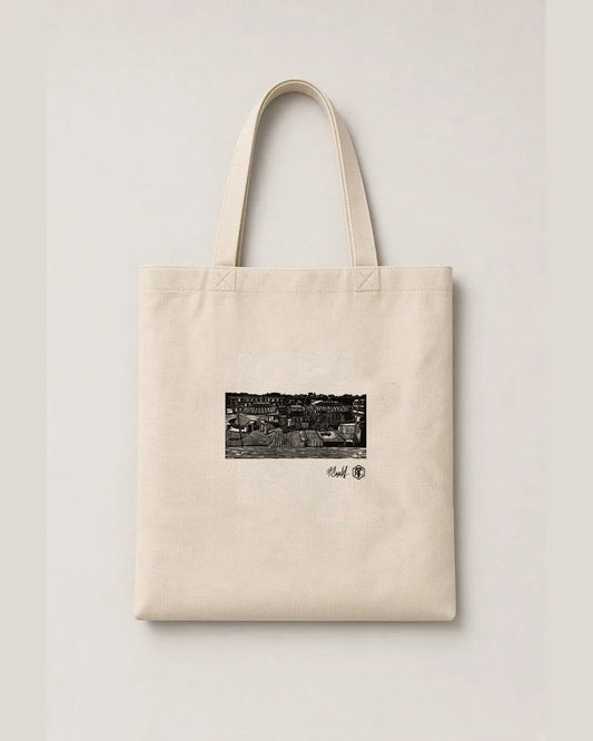 The Domes — linocut on an organic cotton tote bag, natural colour