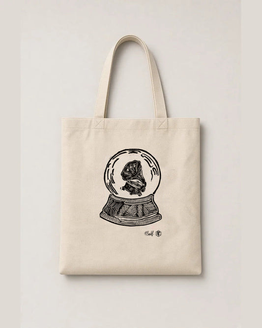Snow Globe Gramophone — linocut on an organic cotton tote bag, natural colour