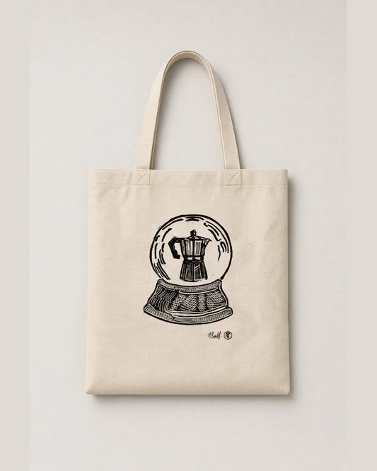 Snow Globe Moka Pot — linocut on an organic cotton tote bag, natural colour