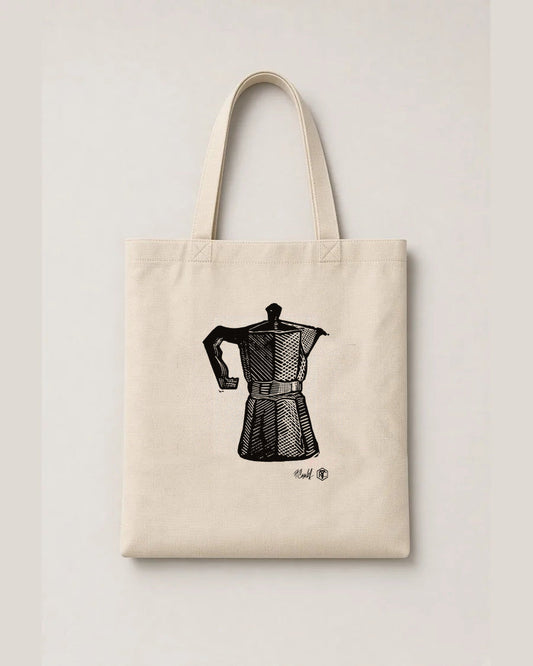Moka Pot — linocut on an organic cotton tote bag, natural colour