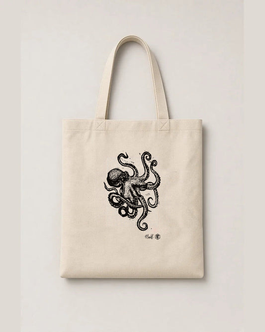 Octopus — linocut on an organic cotton tote bag, natural colour