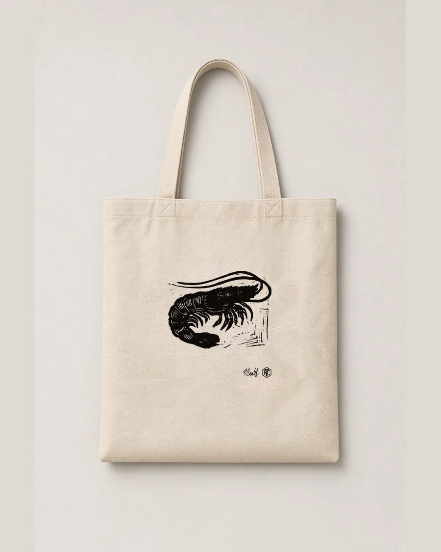 Garnele — Linolschnitt auf Stofftasche aus Bio-Baumwolle, Naturfarbe