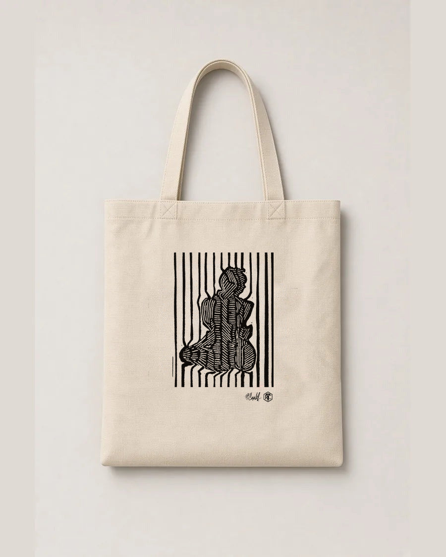 Stripes — linocut on an organic cotton tote bag, natural colour