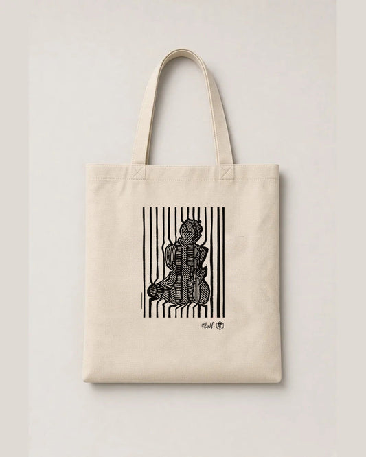 Stripes — linocut on an organic cotton tote bag, natural colour